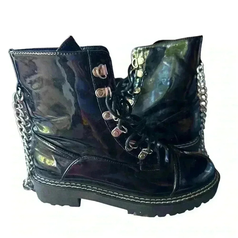 Shein Womens Black combat boots silver chain detail size 5.5 eur36